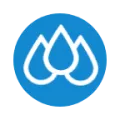 Logotipo com três gotas brancas em círculo azul