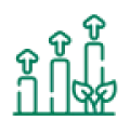 Ícone verde com três gráficos crescentes e setas apontando para cima