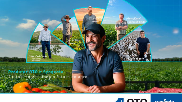 Banner promocional com homem sorrindo e fotos de trabalhadores no campo ao fundo