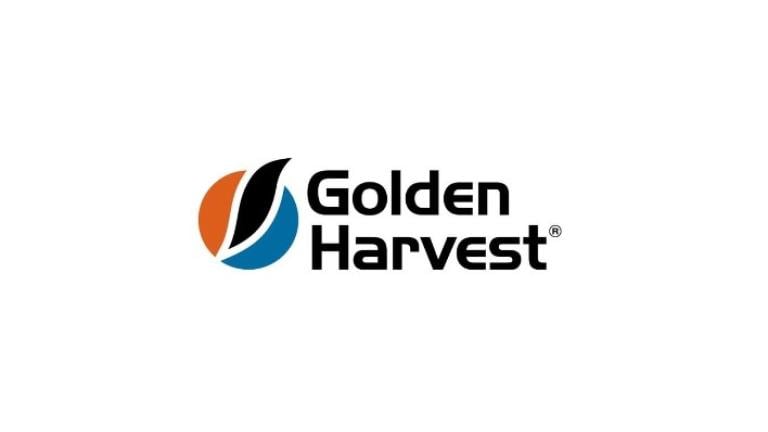 Logotipo Golden Harvest em preto com símbolo azul e laranja à esquerda