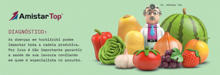 Banner Amistar Top sobre diagnóstico de doenças em hortifruti, com ilustração de frutas, hortaliças e especialista.