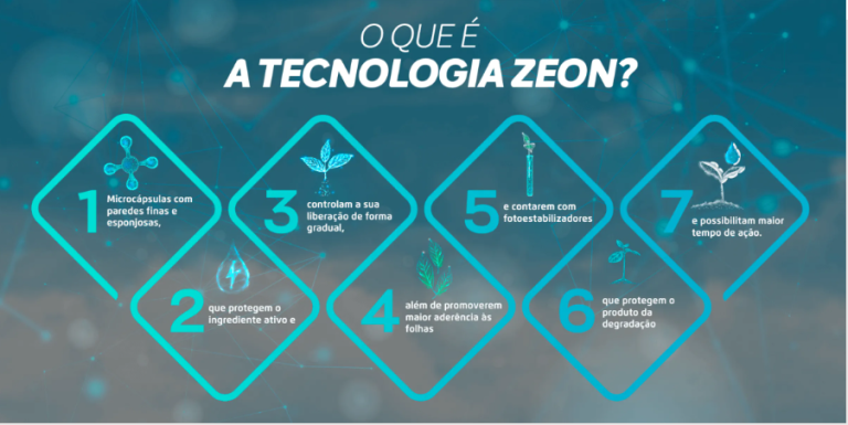Infográfico “O que é a Tecnologia Zeon?” com seis etapas numeradas em fundo azul
