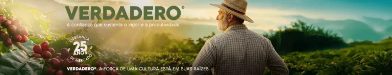 Homem de chapéu observa plantação verde ao pôr do sol; texto “VERDADEIRO” no topo.
