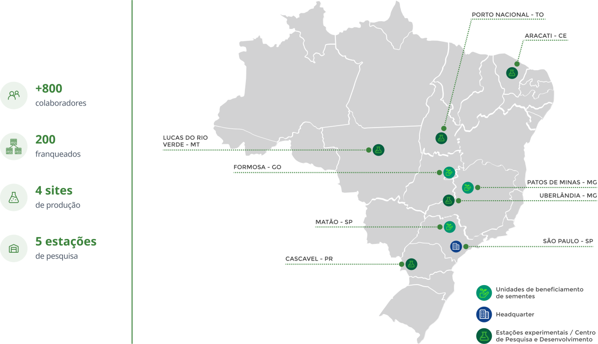 Mapa do Brasil com pontos marcando locais e legenda de categorias em verde e azul