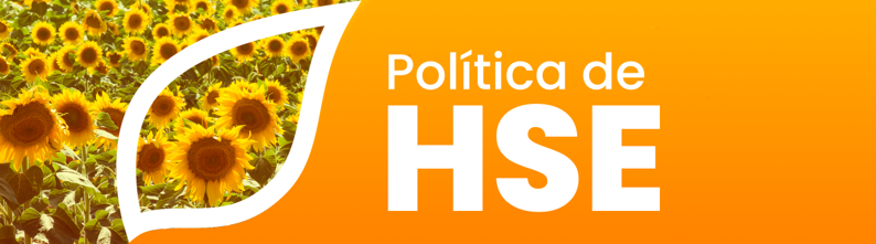 Logo da Política de HSE em laranja, com folha e girassóis ao fundo
