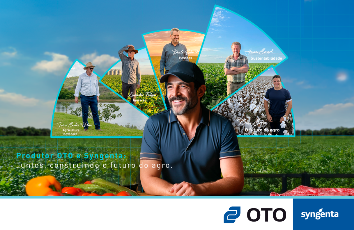 Banner promocional com homem sorrindo e fotos de trabalhadores no campo ao fundo