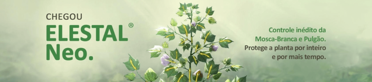 Banner com a mensagem “Chegou Elestal Neo” e lista de benefícios com planta de algodão ao fundo