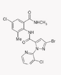 Imagem da estrutura química do clorantraniliprole, com informações sobre o grupo químico diamidas e o grupo 28.