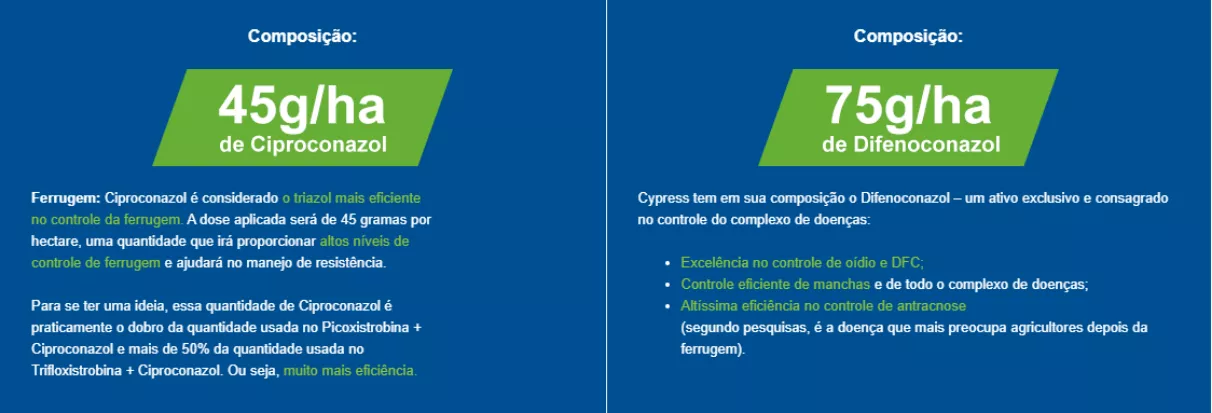 Dois painéis azuis com a composição do Cypress