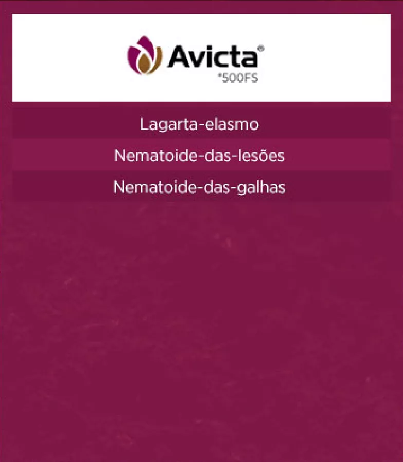 Tabela comparativa dos alvos controlados por Avicta 500FS, Cruiser 350FS e Maxim Advanced: pragas como lagarta-elasmo e nematoides, e doenças como podridão-da-semente e phomopsis