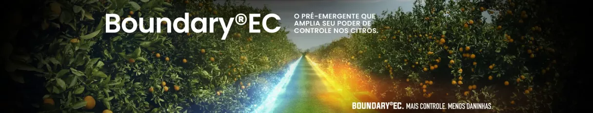Banner do Boundary® EC em pomar de citros, destacando sua ação pré-emergente para ampliar o controle de plantas daninhas.
