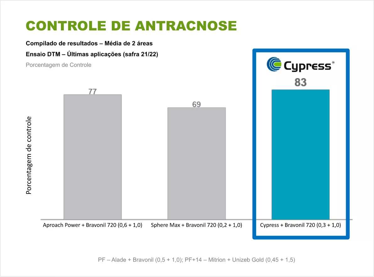 Gráfico de barras “Controle de antracnose” com Cypress 83 destacando maior desempenho.