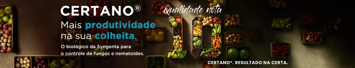 Banner sobre o biofungicida Certano, com imagem de frutas e verduras ao fundo