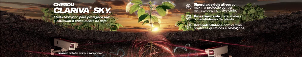 Banner Clariva Sky com texto e imagem de plantas em crescimento