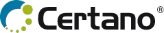 Logo Certano em preto, azul e verde com círculo pontilhado à esquerda